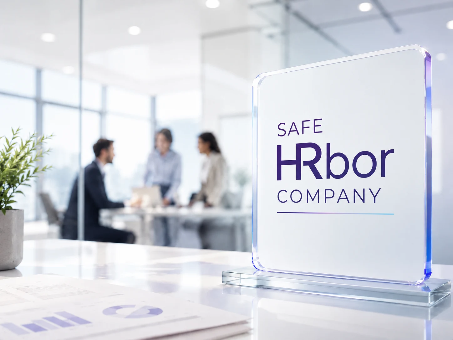 Het SAFE HRbor Company-certificaat op een bureau in een moderne kantooromgeving
